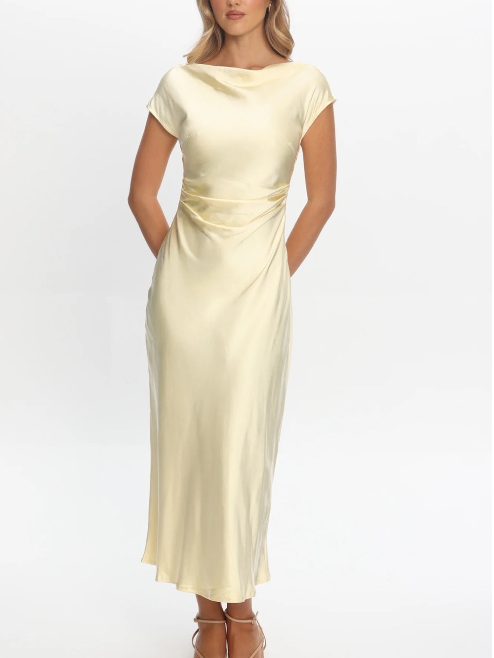 SELFIE LESLIE LOVELAND CAP SLEEVE COWL BACK MIDI DRESS BUTTER YELLOW LARGE NEW